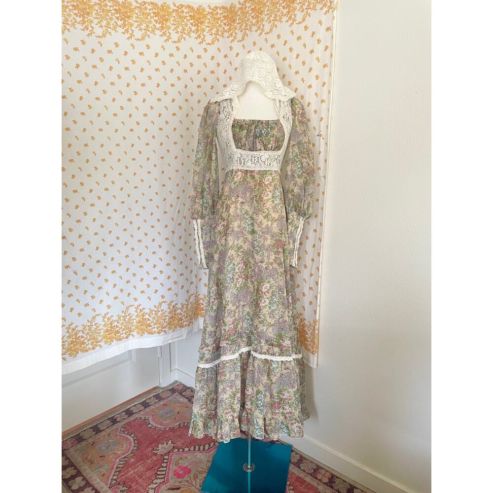 Rare 70s Gunne Sax Lace Hood Floral Prairie Maxi Dress Size 9 - Picture 5 of 14